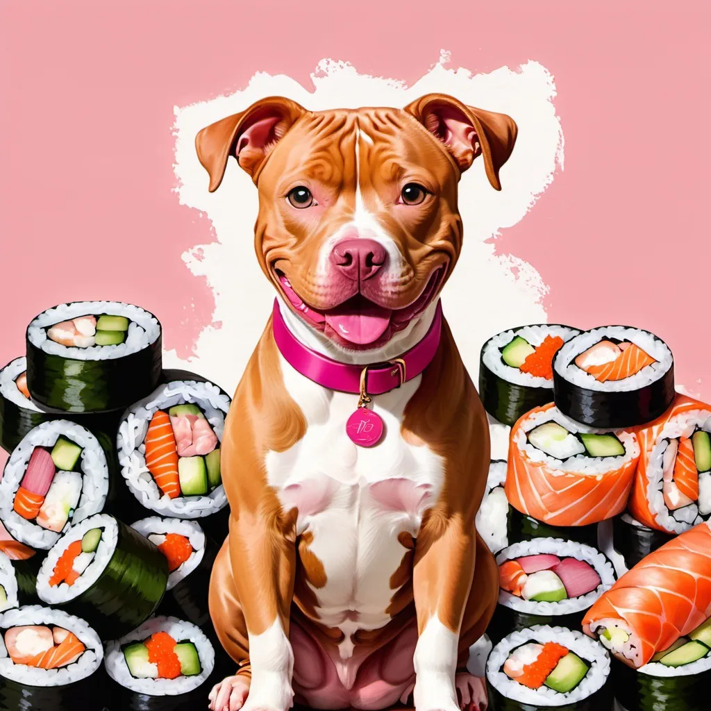Prompt: skinny, smiling red pitbull with fuchsia collar, background a wall of sushi rolls
