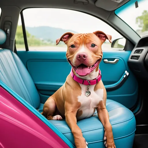 Prompt: skinny, smiling red pitbull with fuchsia collar sitting in the backseat of a blue car