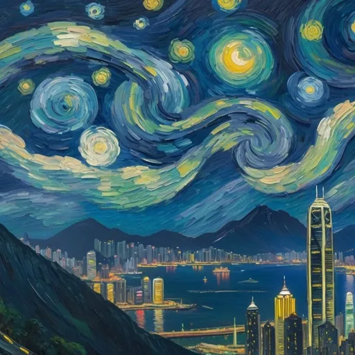 Prompt: Hong Kong skyline, Starry Night, oil painting, vibrant colors, swirling clouds, dreamy atmosphere, high quality, van Gogh style, city lights, modern skyscrapers, impressionist, nighttime, vibrant cityscape, detailed brushwork, rich colors, atmospheric lighting