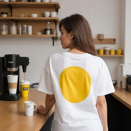 Prompt: woman wearing a white oversized t-shirt with a yellow print on the back standing at an angle with her back to the camera and making a coffee