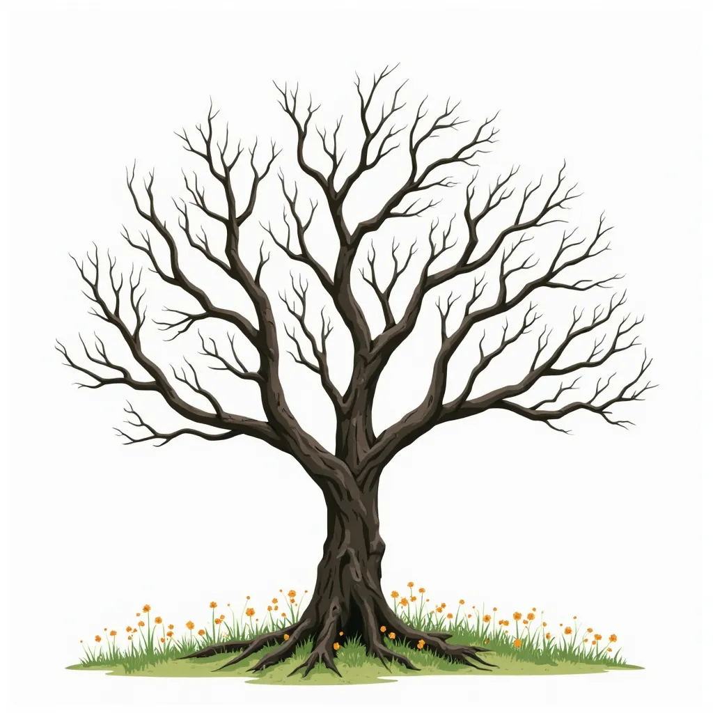 Prompt: Un albero della vita colore marrone chiaro spoglio con tanti rami lo sfondo bianco ma il terreno verde con qualche fiorellino 