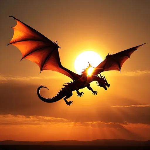 Prompt: Dragon in flight emerging out of the sun 