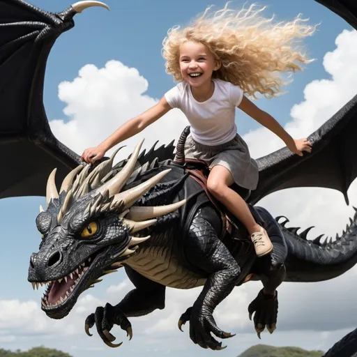 Prompt: A smiling curly blonde haired girl flying fast on the back of a very large fierce looking black adult dragon with the wind blowing through her hair
