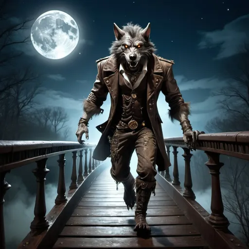 Prompt: Steam punk werewolf walking over mystical bridge at night with moonlight shining on him