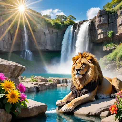 Prompt: massive waterfall, multi coloured flowers on the riversides and rocks around the pool of water. Massive lion lying on the rock with a ray of sunshine shining on him
