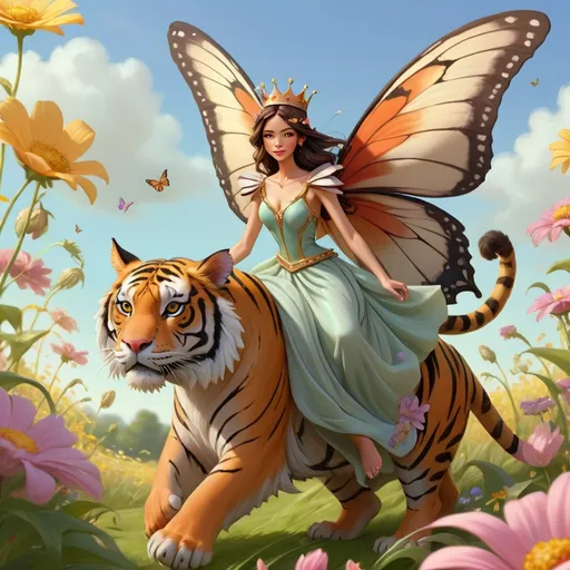 Prompt: Brunette adult female butterfly fairy wearing long flowing clothes and a crown and large wings on her back, riding sideways on the back of a large tiger through a field of flowers