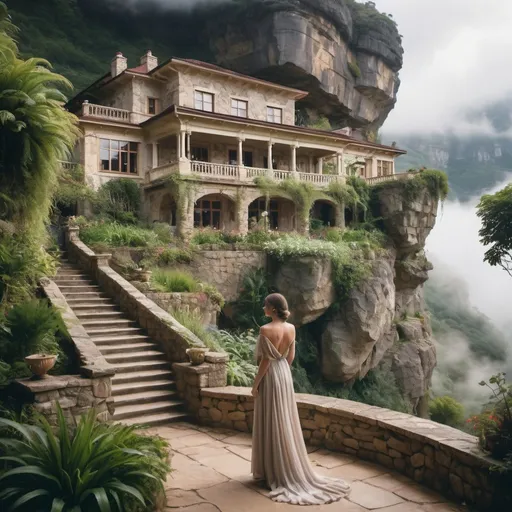 Prompt: Elegantly dressed woman in fitted dress, standing in front of a large stone house built into mountainous rock cliff with a beautiful hanging garden draping from the verandahs and low lying clouds below the house
