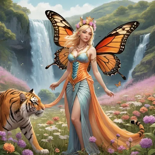 Prompt: female fairy with blonde hair with large butterfly wings on her back, wearing long flowing clothes and a crown; standing with a bengal tiger, in a field of flowers  and a waterfall in the background.  
