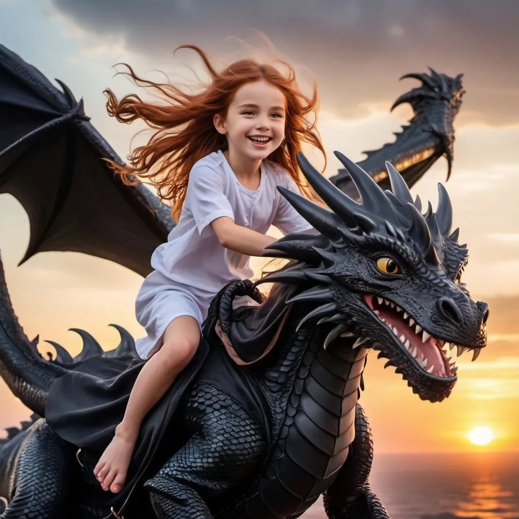 Prompt: A small smiling girl with long auburn hair, wearing flowing clothing, flying fast on the back of a huge fierce looking black dragon with the wind blowing through her hair, and sunset background
