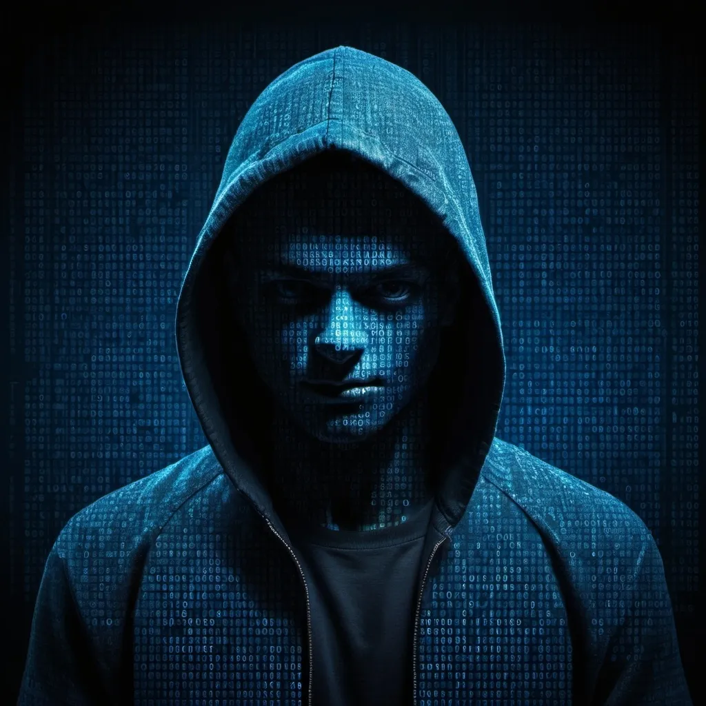 Prompt: Pixilated shadow of a cyber thief with blue binary code as the background
