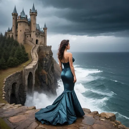 Prompt: woman in slinky fish tail dress, standing in front of a mystical stone castle on a mountain cliff looking over stormy ocean
