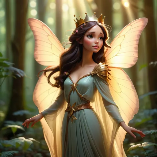 Prompt: Brunette female butterfly fairy wearing long flowing clothes and a crown and large wings on her back, in a mystical forest with a ray of sunlight on her