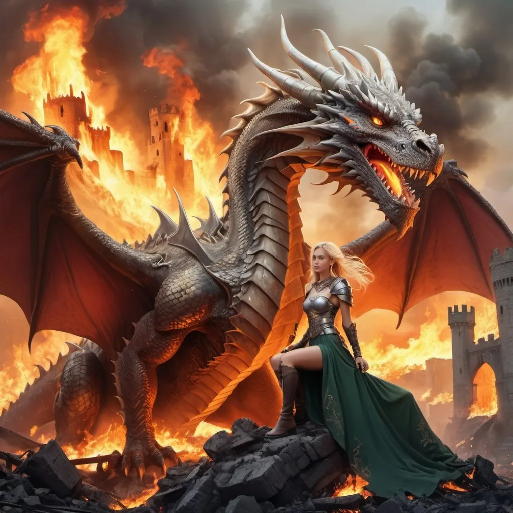 Prompt: Large dragon protecting a beautiful blonde warrior princess, surrounded by ruined castle in flames
