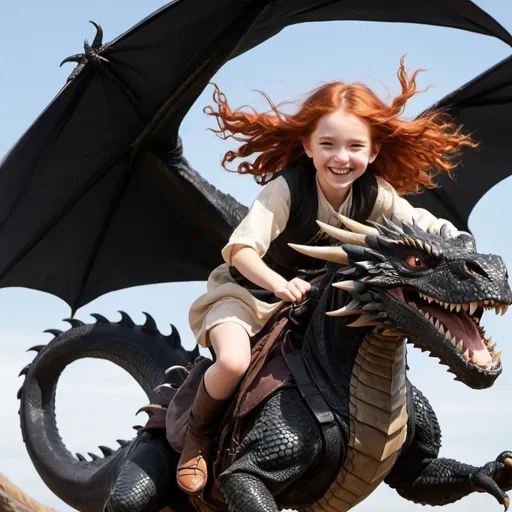 Prompt: A smiling girl with long wavy red hair, wearing peasant clothing, flying fast on the back of a much larger fierce looking black adult dragon with the wind blowing through her hair
