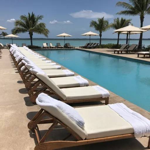 Prompt: Row of pool side loungers at edge of water with rolled towels on each