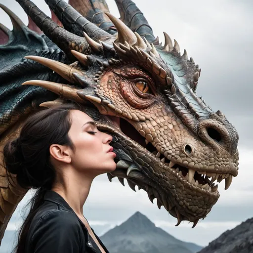 Prompt: woman kissing the forehead of a massive and fierce looking dragon