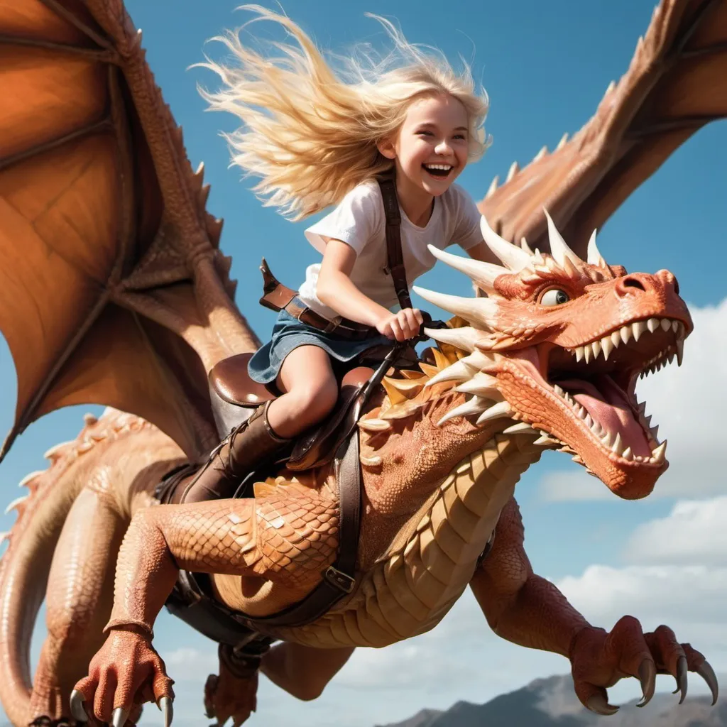 Prompt: A smiling blonde girl flying fast on the back of a huge fierce looking dragon with the wind blowing through her hair
