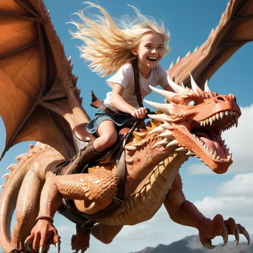 Prompt: A smiling blonde girl flying fast on the back of a huge fierce looking dragon with the wind blowing through her hair
