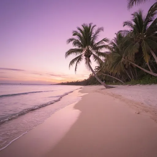 Prompt: Palm lined sandy beach with soft purple sunset
