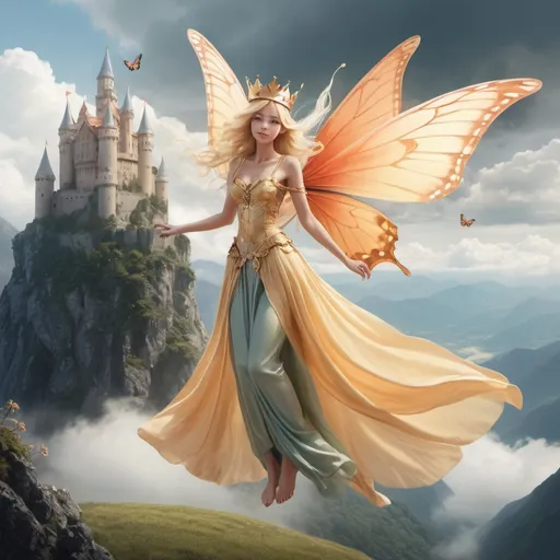 Prompt: female butterfly fairy with blonde hair and large wings on her back, wearing long flowing clothes and a crown; flying below a castle that is on a high mountain with low clouds around lower mountain 
