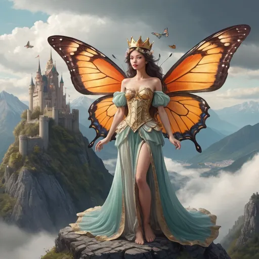 Prompt: female fairy with large butterfly wings, wearing flowing clothes and a crown; castle on a high mountain in the background with low clouds around the base of the mountain
