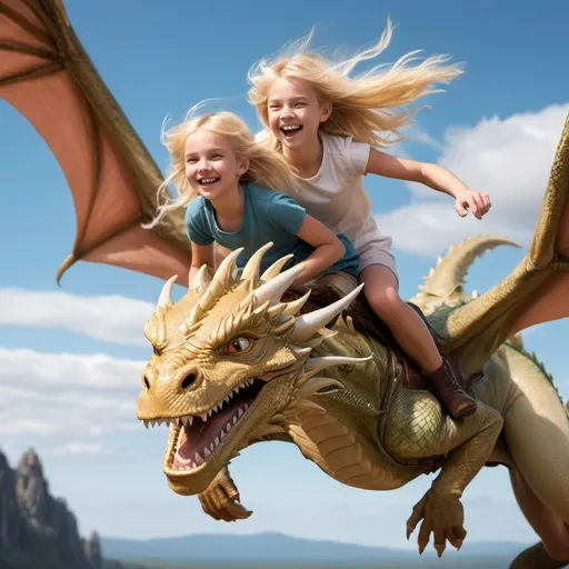 Prompt: Smiling blonde girl flying fast on the back of a large adult dragon with the wind blowing through her hair
