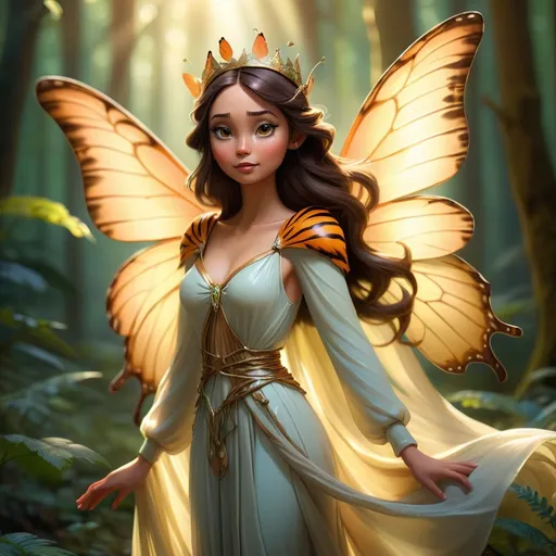Prompt: Brunette female butterfly fairy wearing long flowing clothes and a crown and large wings on her back, in a mystical forest with a ray of sunlight on her and a tiger in the background