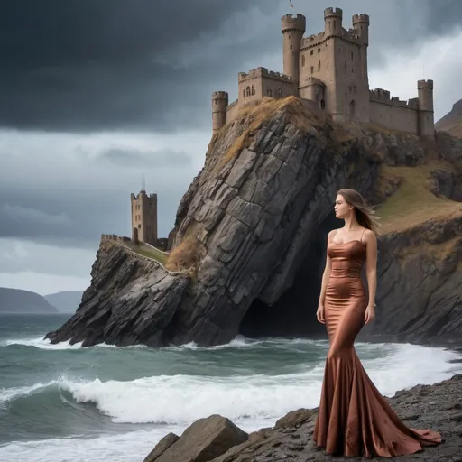 Prompt: woman in slinky fish tail dress, standing in front of a large rugged stone castle carved into mountain cliff looking over stormy ocean
