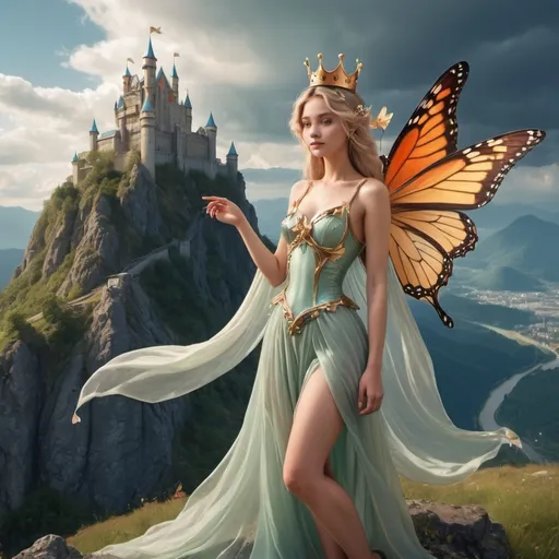 Prompt: female fairy with butterfly wings, wearing flowing clothes and a crown; castle on a mountain in the background with clouds around the base of the mountain

