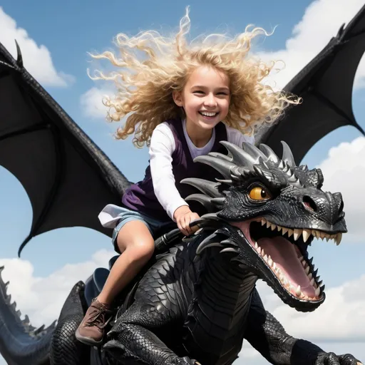 Prompt: A smiling curly blonde haired girl flying fast on the back of a huge fierce looking black dragon with the wind blowing through her hair
