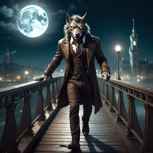 Prompt: classy Steam punk werewolf walking over mystical city bridge at night with moonlight shining on him