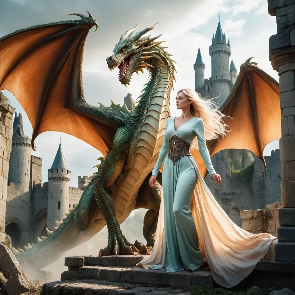 Prompt: large dragon protecting a beautiful blonde woman in flowing clothes, surrounded by castle ruins
