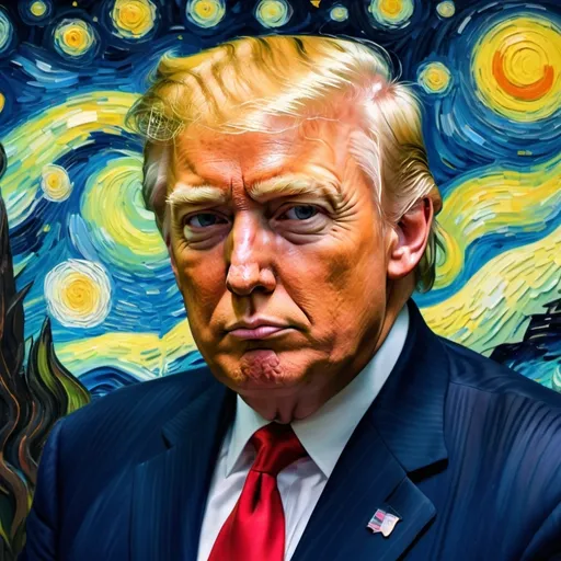 Prompt: President Trump painting a self-portrait of himself in Van Gogh style, vibrant colors, dramatic brushstrokes, rich texture, intense lighting, dynamic and expressive, starry night-inspired background with swirling patterns, emotional and contemplative atmosphere, 4K, ultra-detailed, high-definition(QObject object, QObject model, x_positionStudents)