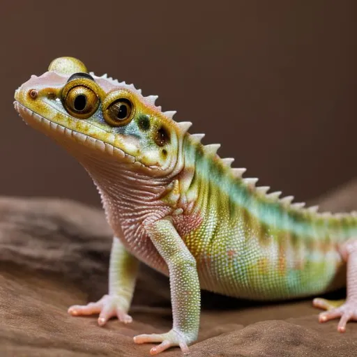 Prompt: long cylindrical body feathey gills 2 eyes pinkish-white wet skin lizard long tail webbed toes four short legs

