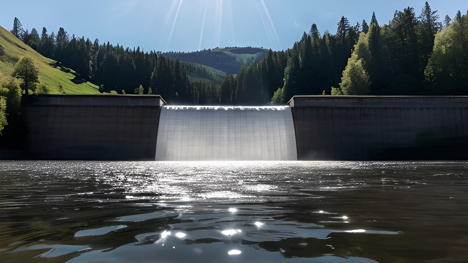 Prompt: a large body of water held by a hydroelectric dam on a beautiful day. The dam should be perfectly centered in the composition and be faced head on rather than at an angle. we should see more water than concrete. it should look like the photo was take from eye level, as if the photographer were on a boat at a safe distance but close enough to feel dramatic. 