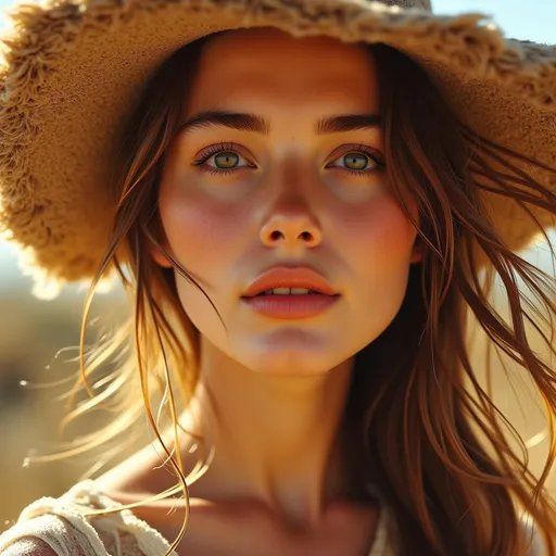 Prompt: a woman with captivating facial expression, sundress, sunlight on her face, furtalk hat