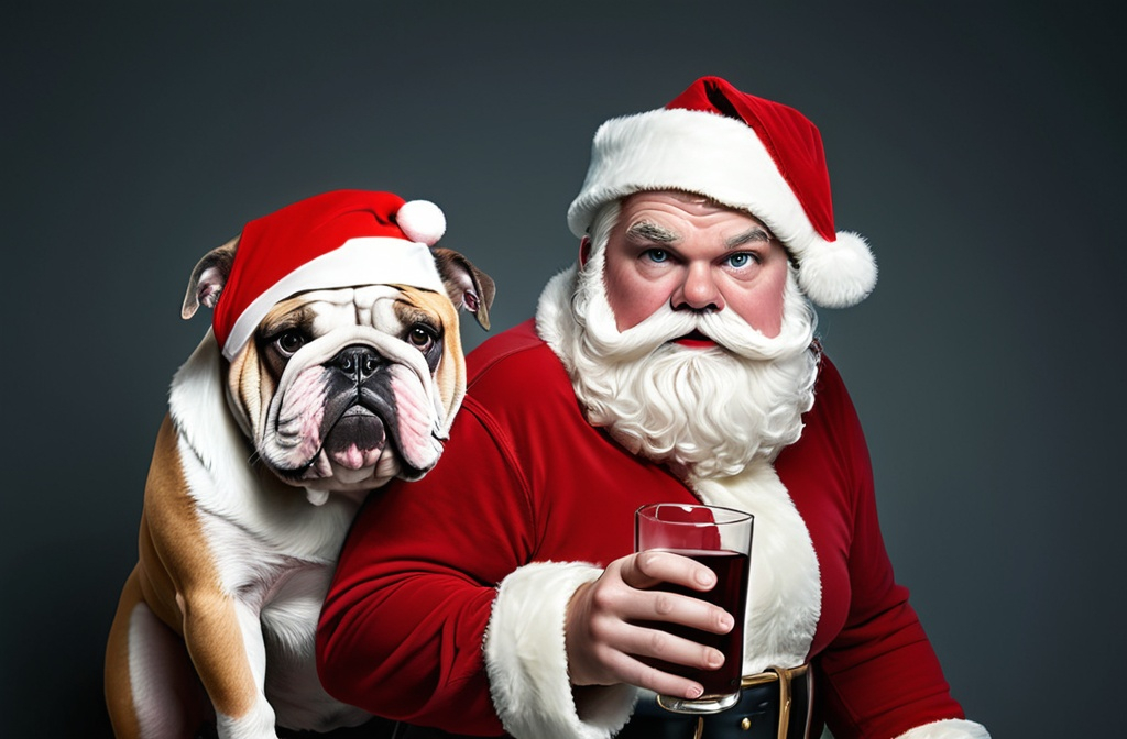 Prompt: make santa claus the main image with a bulldog. 
make santa very drunk and sick


