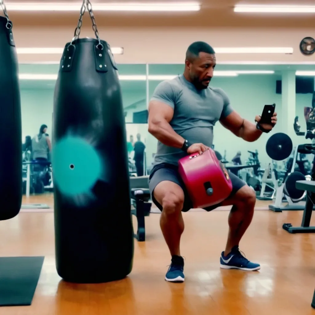 Prompt: a man in a gym with a punching bag and a record player on his phone screen, with a video of him, Cosmo Alexander, superflat, affinity photo, a colorized photo