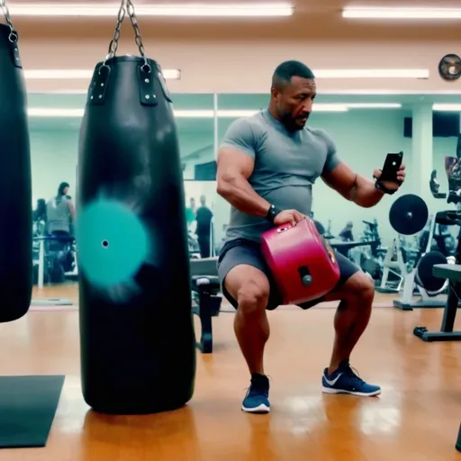 Prompt: a man in a gym with a punching bag and a record player on his phone screen, with a video of him, Cosmo Alexander, superflat, affinity photo, a colorized photo