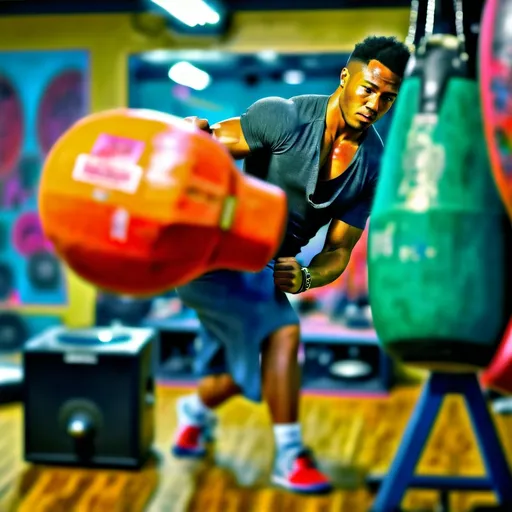 Prompt: a man in a gym with a punching bag and a record player on his phone screen, with a video of him, Cosmo Alexander, superflat, affinity photo, a colorized photo