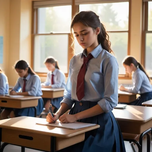 Prompt: éleve avec jupe longue et chemise bleu sans cravatte avec cheveux attache avec un elastique qui travaille en classe