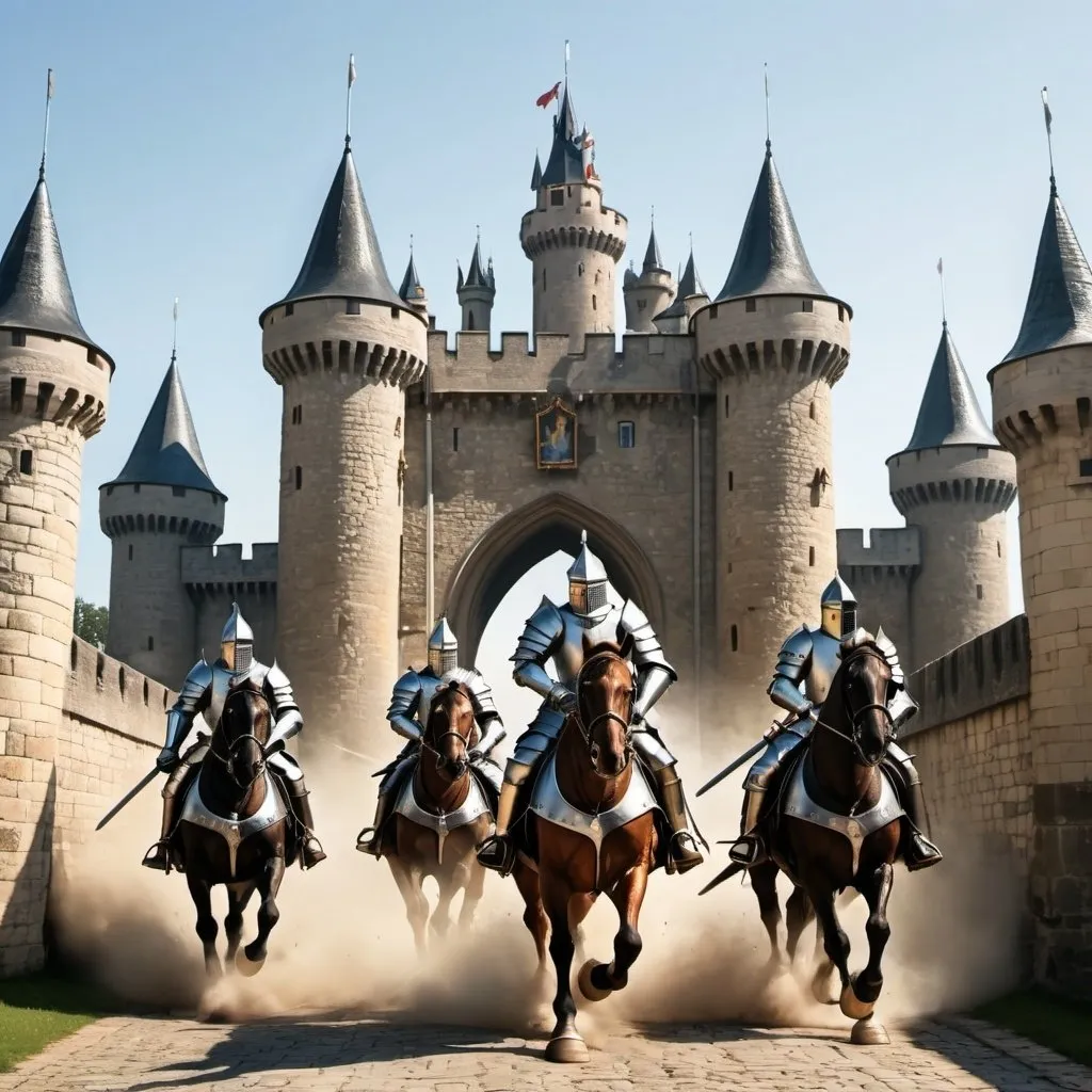 Prompt: 3 knights charging towards a beautiful grand castle named “Big Castle”. Castle has a moat and a drawbridge. All 3 knights are on the drawbridge