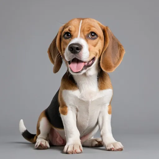 Prompt: “Create a high-resolution, full-color image of a cute beagle sitting with a happy expression. The beagle should have classic markings (brown, white, and black) and be depicted in a playful, friendly pose. The background should be simple and neutral (like a light gray or white) to keep the focus on the beagle. The image should be optimized for use on merchandise such as t-shirts, mugs, and phone cases, ensuring the design is centered and clearly visible.”
