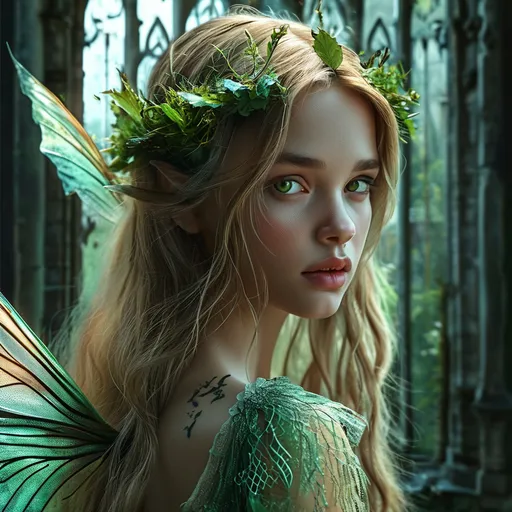 Prompt: photo hyperrealistic, 4k. dark fantasy, female fairy, beautiful youthful face, green eyes, flawless skin, long blonde hair and lacy iridescent wings, full body portrait, set in a fantasy magical  castle backdrop. Looks like Winona Ryder