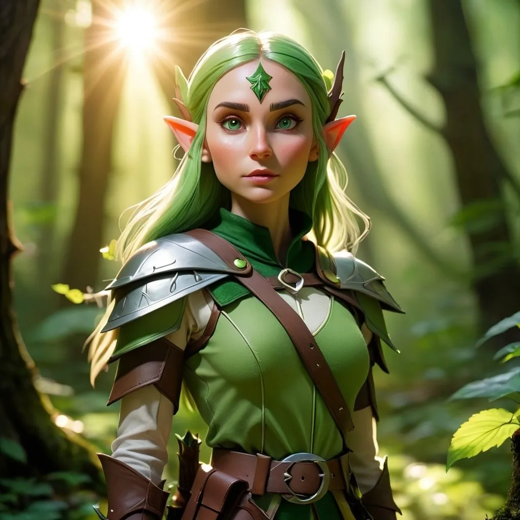 Prompt: Elf ranger in a mystical forest around sunlight