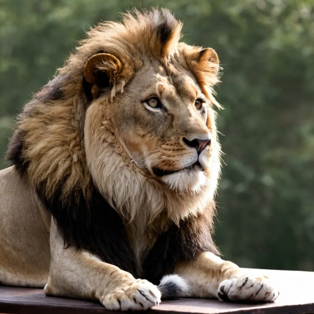 Prompt: A lion is sitting on a table