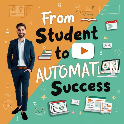 Prompt: A vibrant and professional YouTube thumbnail. A confident person in smart casual attire (representing a student), transitioning into a modern tech-savvy look (representing an automation marketing expert). The background is split into two sections: one side shows a classroom with books and a computer, and the other side features a sleek tech setup with marketing automation dashboards, email campaigns, and integration icons. Text overlay: 'From Student to Automation Success' in bold, modern fonts using black, orange, and green colors.