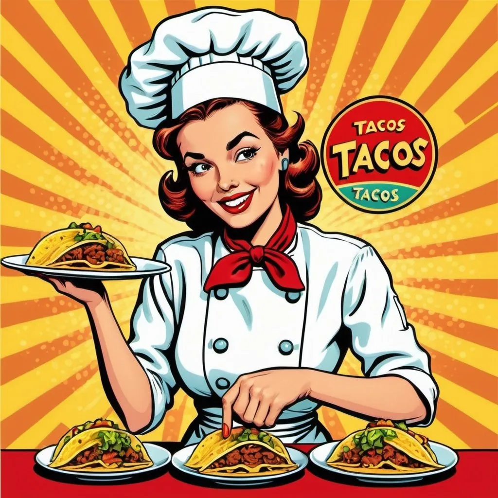 Prompt: 1945 cartoon pop art female chef with tacos logo