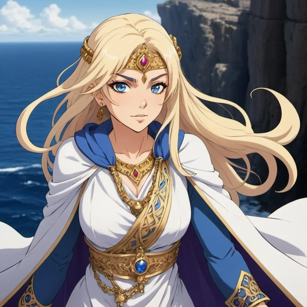 Prompt: Create an anime-style image of Sinbad from the anime Magi, reimagined as a female character. She has long, flowing golden hair, striking blue eyes, and a confident, bold, yet mischievous expression. Her gaze should reflect a playful and daring spirit. She is not wearing a head covering, allowing her hair to flow freely. She wears elegant white and blue clothing with golden accessories and a royal cloak, reflecting her warrior status. The background should depict a vast ocean with rocky cliffs, symbolizing her journey and leadership. 