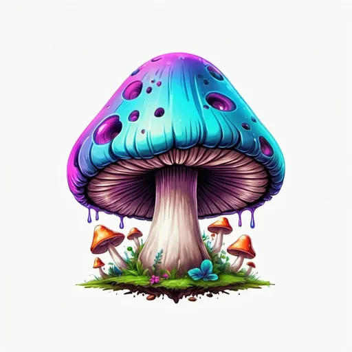 Prompt: modern t-shirt logo. magic, trippy mushroom world, beautiful colors. high resolution 4k, happy, ultra realistic,  high quality, WHITE BACKGROUND